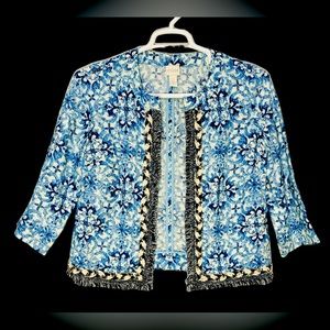 Chicos fringe detail, printed linen jacket (A10)